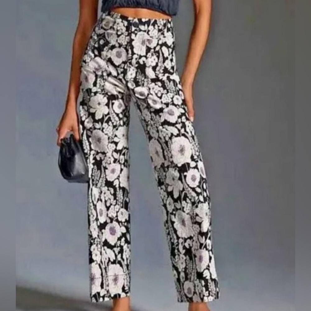 Anthropologie Black and White Floral Wide Leg Pants